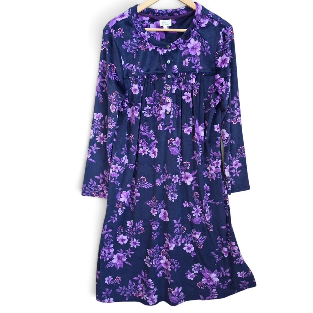 Aria Collection Nightgown Womens Large Purple Floral Fleece Long Sleeve Robe